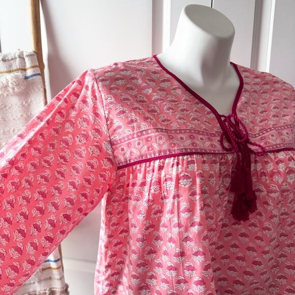 Marea Isla Pink Floral Long Puff Sleeves Boho Pullover Top Women’s Size Large - Picture 2 of 9